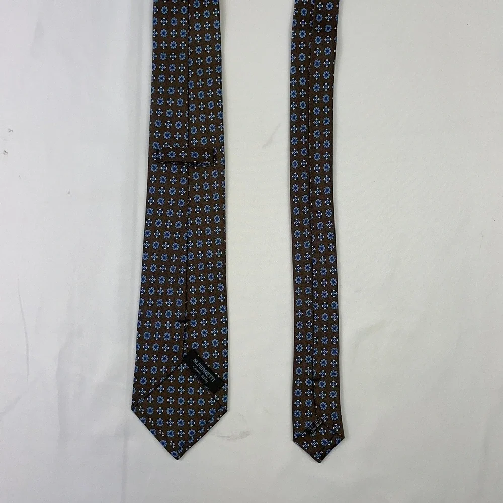 M.Ferretti Mens Brown Blue Floral Medallion Pure Silk Tie 3 Inch Width Italy